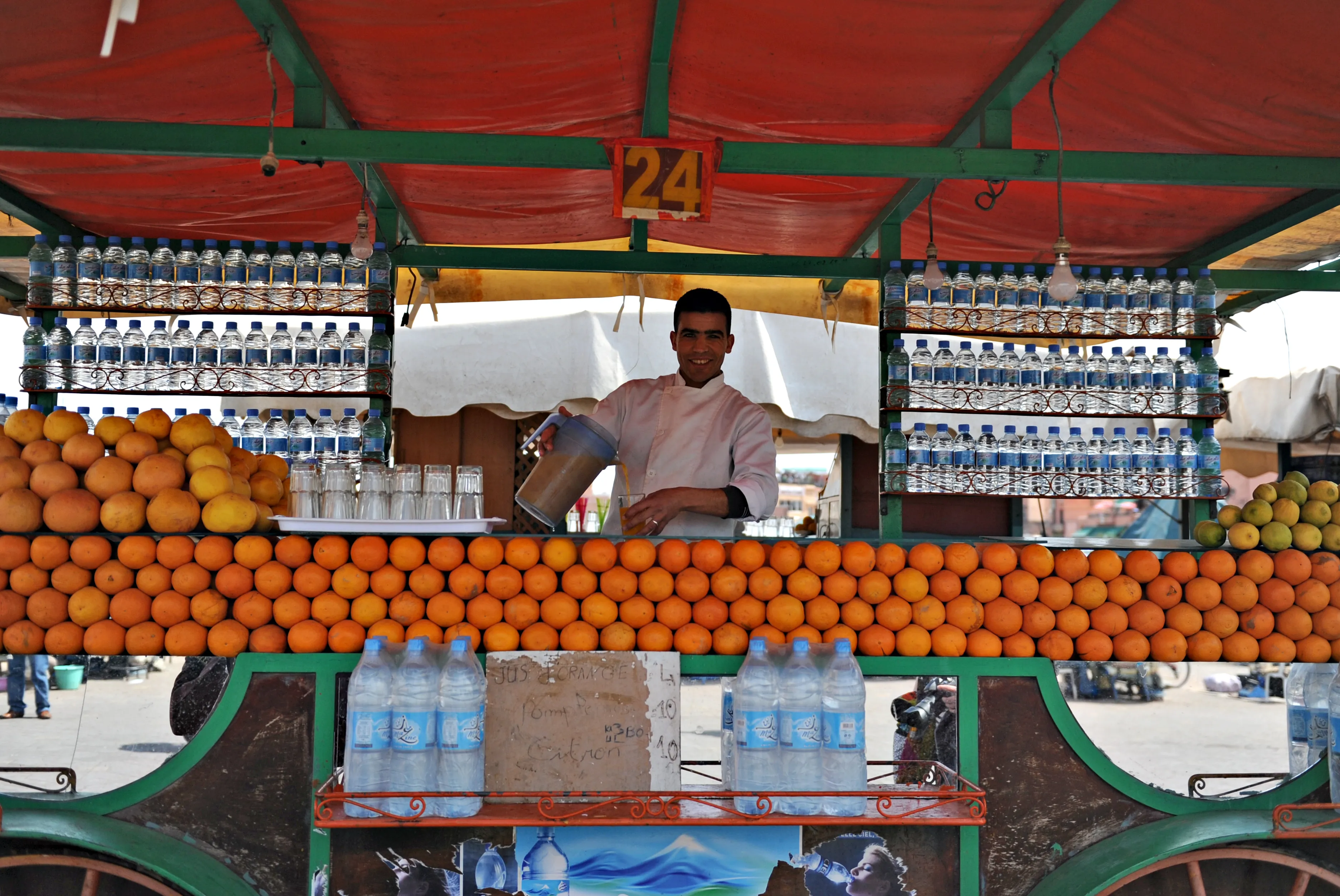 Freshly squeezed orange juice stall on Jemaa el-Fna square