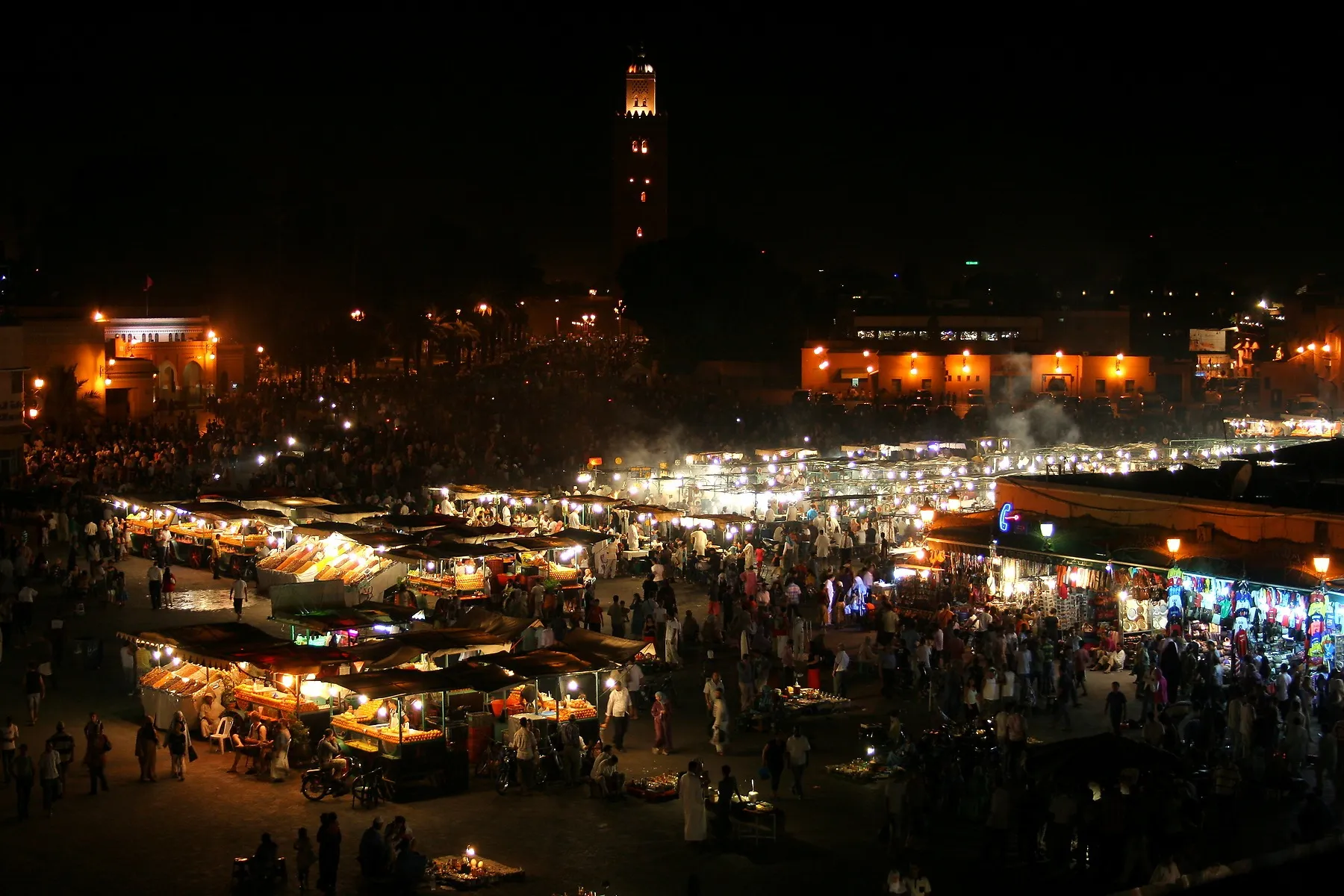 The Koutoubia at dusk, a stone's throw from the harira stalls of Jemaa el-Fna